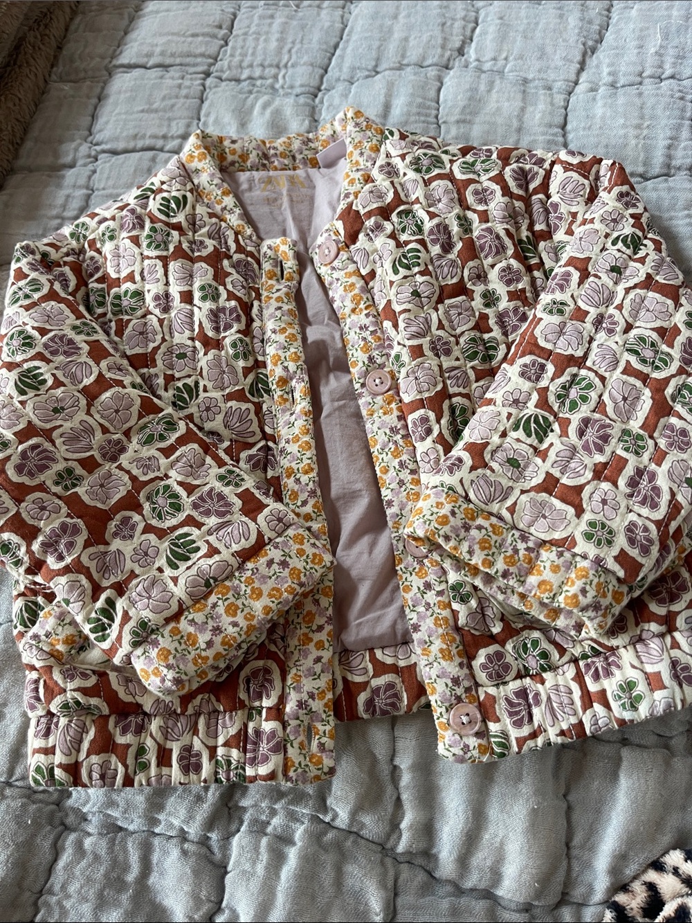 Zara Quilted Floral Puffer Jacket - Pink, Brown & Green